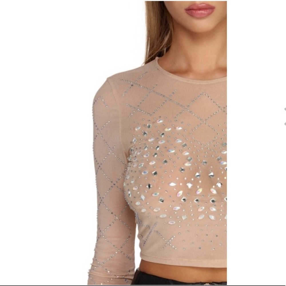 Sheer tan sequined long sleeved crop top